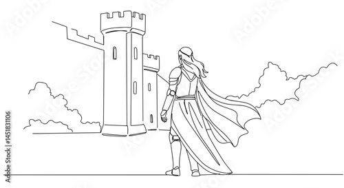 Hero gazing at castle in sketch style against a cloudy background  