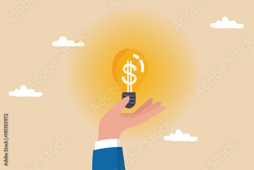Hand hold brightly lit money dollar lightbulb idea. Enlighten money idea, investment and savings with high profit, business idea to make money or profit. Hand hold brightly lit money dollar lightbulb