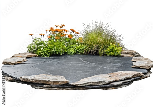 Circular stone planter with vibrant flowers and grass.  Layered dark stone and rocks encircle a bed of greenery