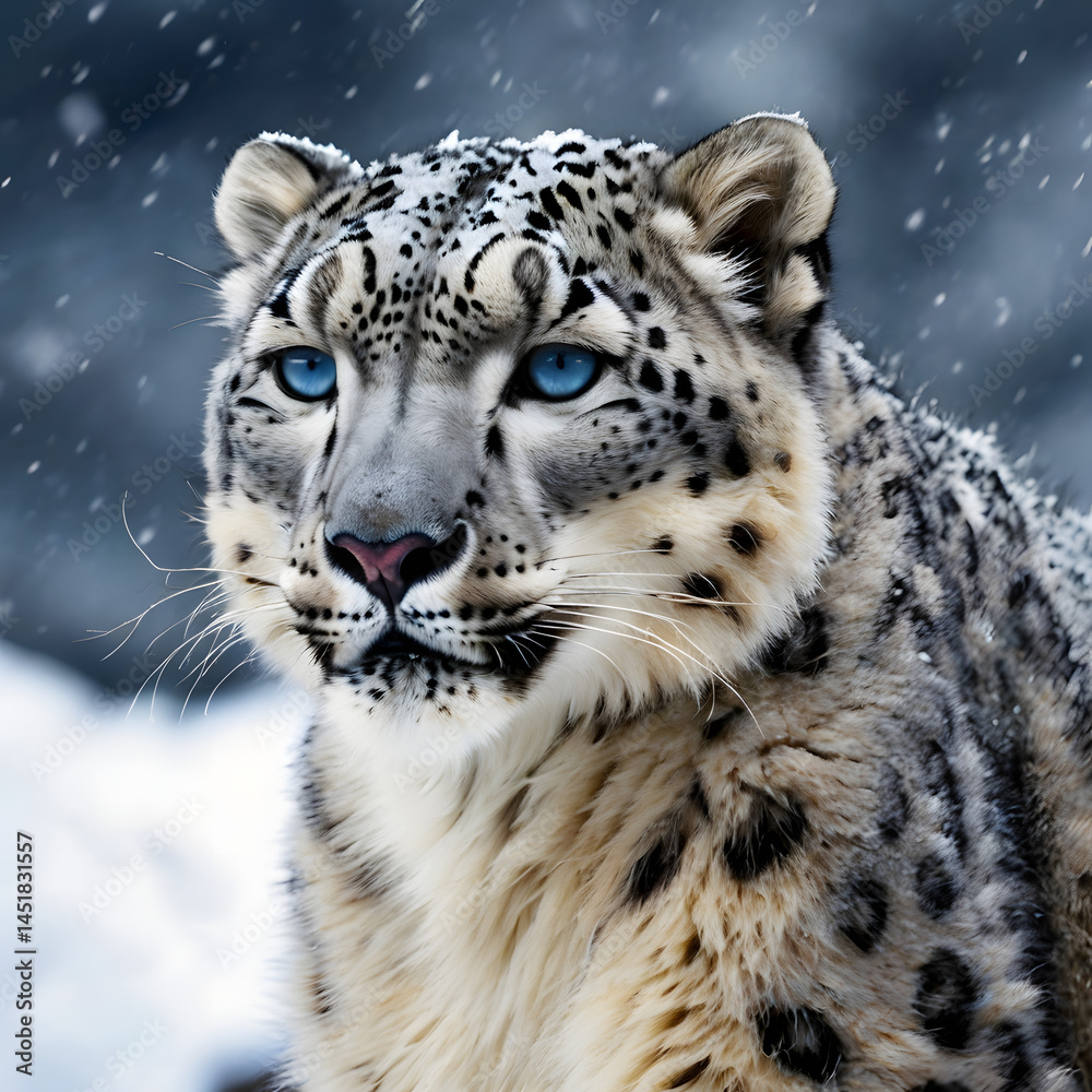A Close-up Portrait of a Snow Leopard in the Himalayas, Capturing Its Stunning Beauty and Intensity Against a Snowy Backdrop A Close-up Portrait of a Snow Leopard in the Himalayas, Capturing Its Stunning Beauty and Intensity Against a Snowy Backdrop