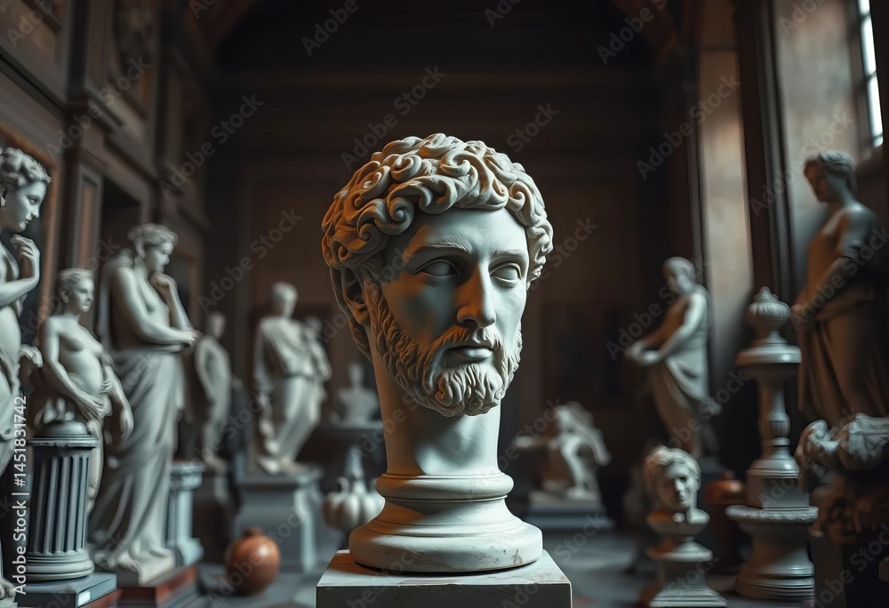 Obraz premium Fragmentary Roman bust amidst classical sculptures and artifacts in a dimly lit room, decor, dark