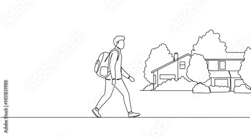 Person walking home with backpack in a simple line drawing  