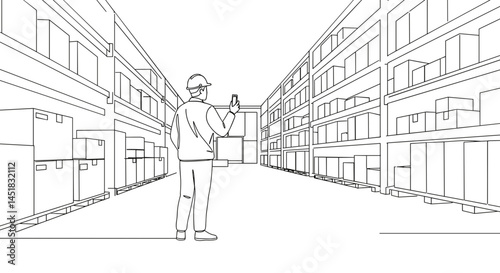 Warehouse worker using a smartphone in a large storage facility  