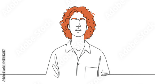 Young person with curly hair expressing calmness in a minimalist setting  