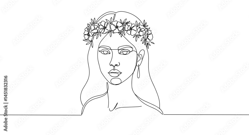 Elegant woman with floral crown in minimalist line art