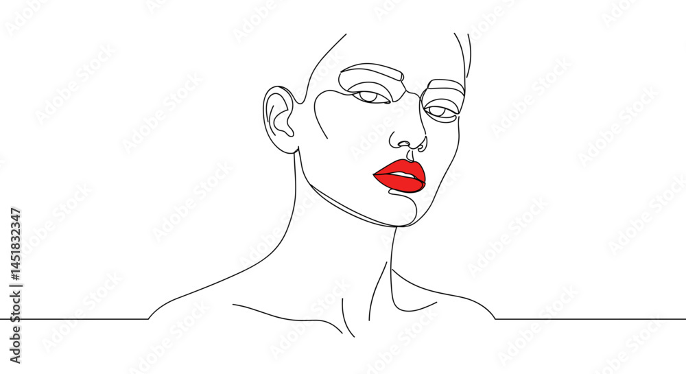 Elegant line art portrait with red lips on minimalist background