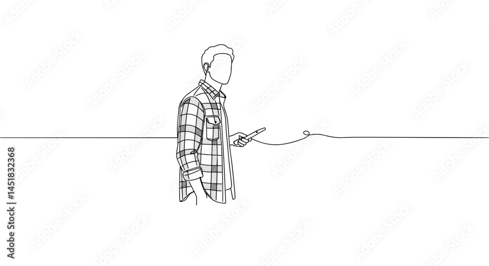 Man using smartphone while standing against a minimalist background