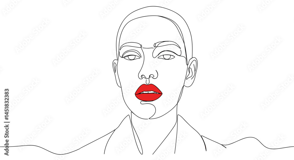 Minimalist line art portrait with bold red lips