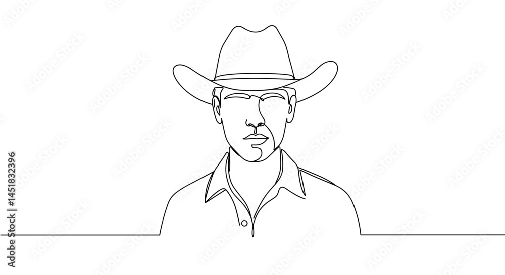Line drawing of a cowboy wearing a hat with serious expression