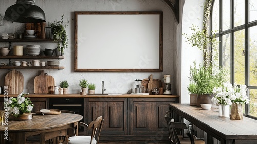 Rustic kitchen with blank wall art, wooden cabinets, open shelves, and greenery, blending vintage charm with modern simplicity.