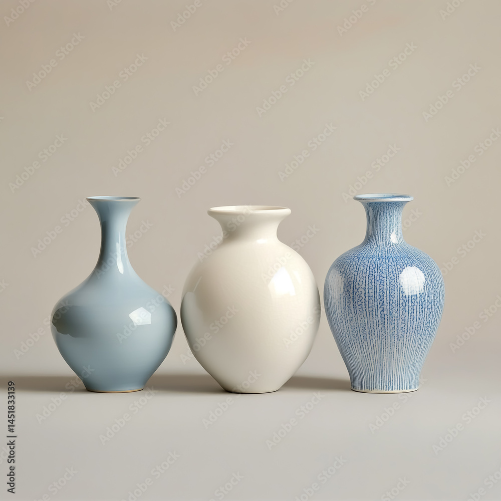 A set of three white vases and one blue porcelain vase on a light grey background. A set of three white vases and one blue porcelain vase on a light grey background.
