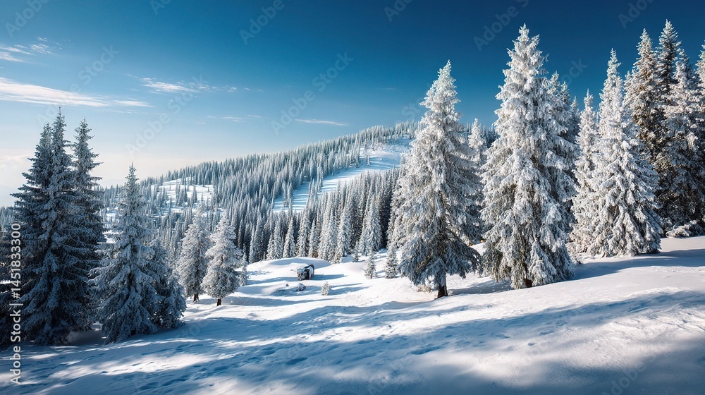 Obraz premium Snowy Alpine Landscape with Frosted Trees Under Clear Sky