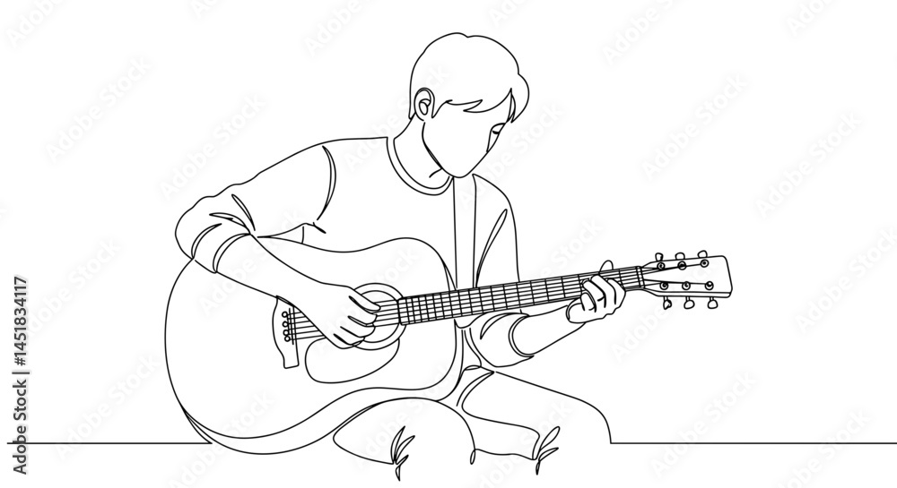 Young man playing guitar in line art style on white background