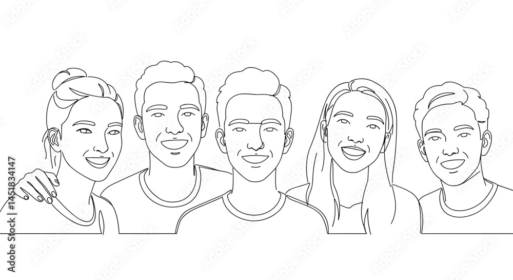 Group of friends smiling in a one-line art style