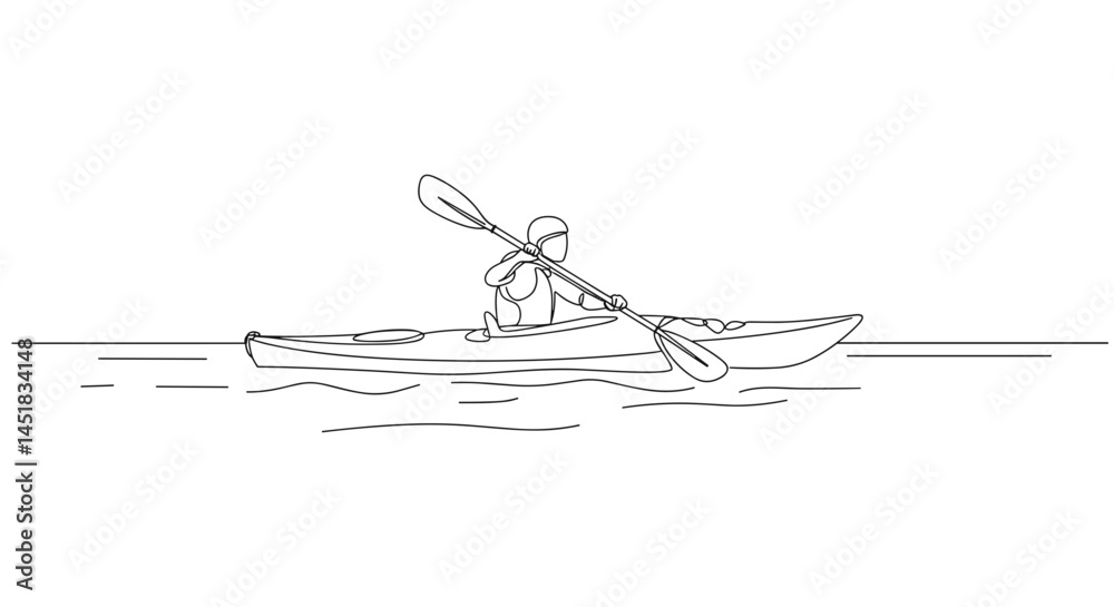 Person kayaking in a calm water scene, in a minimalist style