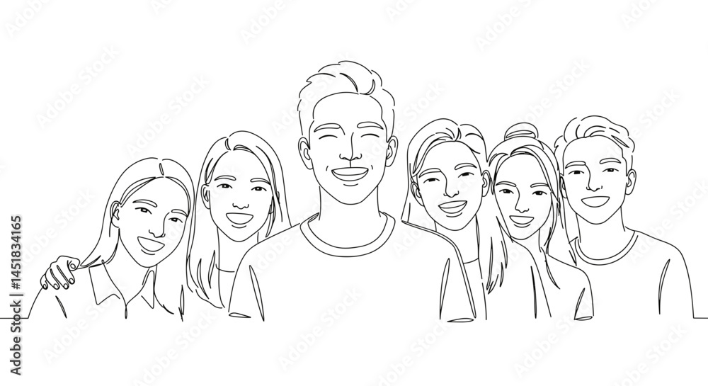 Group of happy young people smiling together in a minimalist style