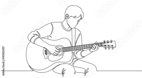 Obraz na płótnie Young man playing guitar in line art style on white background w salonie