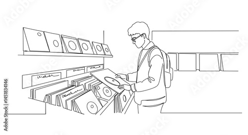 Person exploring vinyl records in a minimalist store setting  