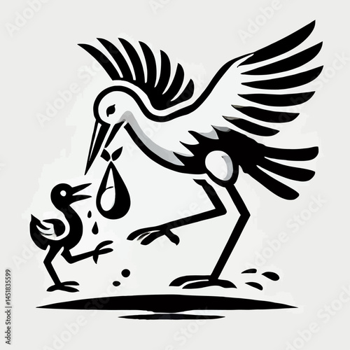 Stork Delivering Food to Her Chick in Nest