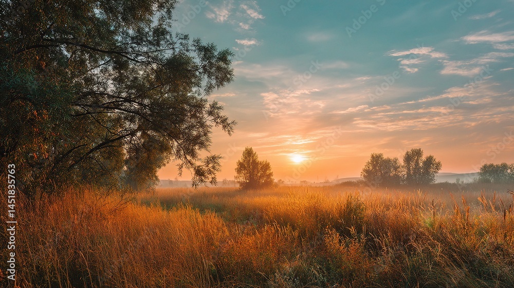 Fototapeta premium Soft Sunrise Over Meadow in Early Autumn with Glowing Colors