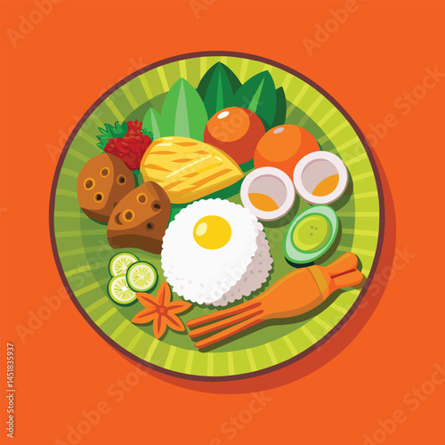 Flat lay colorful illustration of a plate of Indonesian Nasi Uduk
