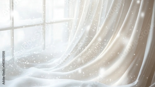 Flowing curtains embellished with a soft falling snow pattern create a serene atmosphere against the pristine white background.