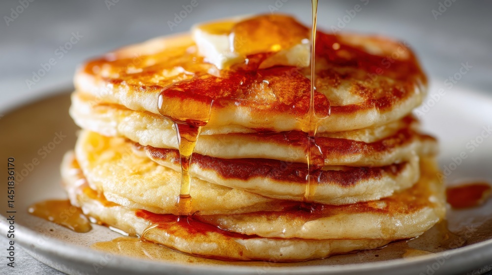 Delicious stack of pancakes with butter and maple syrup Delicious stack of pancakes with butter and maple syrup