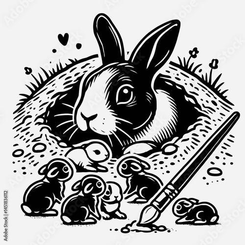 Rabbit and Her Kits Resting in a Burrow