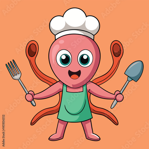 A cute cartoon octopus chef stands cheerfully against an orange background. 