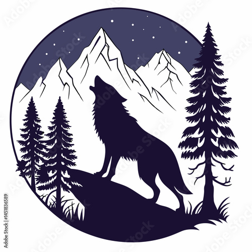 A silhouette of a howling wolf stands atop a rock against a backdrop of majestic snow-capped mountains