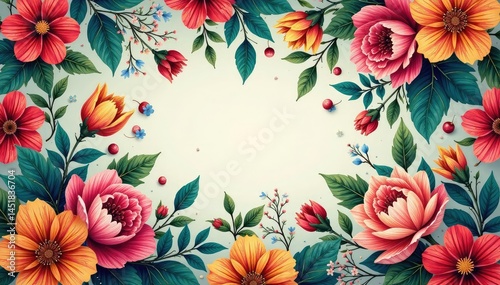 Intricate floral pattern, vibrant blooms and leaves , design, bud