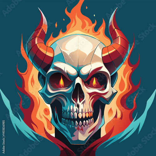 skull with horns and horns on it's head with flames