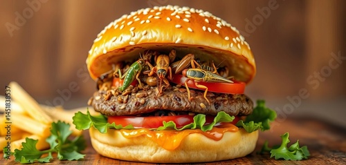 Juicy hamburger with cricket and grasshopper filling in a sesame seed bun, healthy food,  eco-friendly food photo