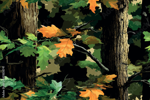 Camouflage seamless pattern. Forest real tree camouflage design. Hunting camouflage.