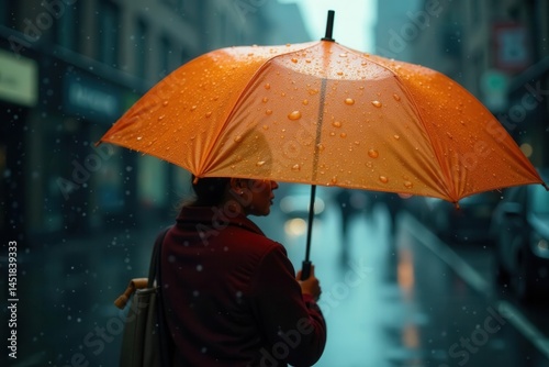 Orange umbrella in heavy rain, water droplets flying, detail, vibrant, texture