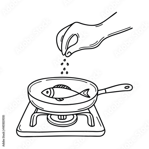 A pinch of salt falling from fingers over fish at pan