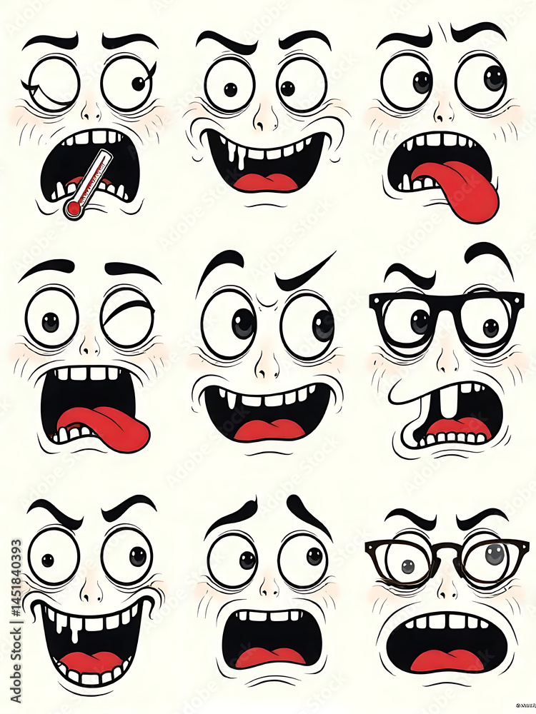 Nine cartoon faces showcasing diverse emotions like joy, anger, and sadness with funny expressions. Nine cartoon faces showcasing diverse emotions like joy, anger, and sadness with funny expressions.