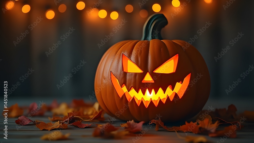 Fototapeta premium Spooky Halloween Jack-o'-lantern Pumpkin with Autumn Leaves