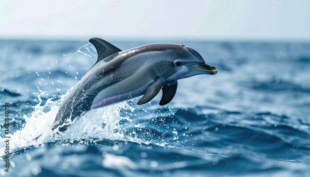 Fototapeta premium Dolphin's Majestic Leap: A captivating portrayal of a dolphin gracefully leaping out of the ocean, a symbol of freedom, agility, and the mesmerizing beauty of marine life.