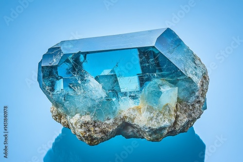 A stunningly clear aquamarine crystal specimen on a display surface.