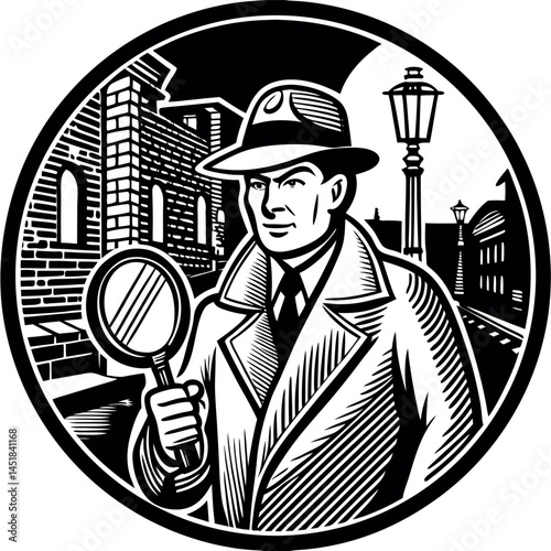 Private detective, reporter, investigates, magnifying glass, black and white
