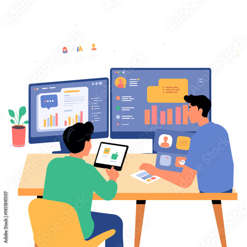 Teamwork on Data: Two individuals collaborate over a desk adorned with a tablet, and two monitors, each displaying intricate data visualizations, symbolizing the power of data-driven teamwork.