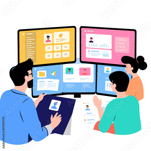 Tech Team Collaboration: A modern illustration showcasing a team engrossed in collaborative work, utilizing multiple computer screens to analyze data, visualize concepts.
