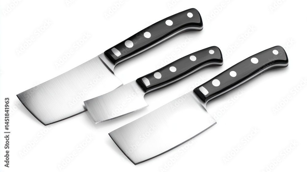 Three chef's knives with black handles Three chef's knives with black handles