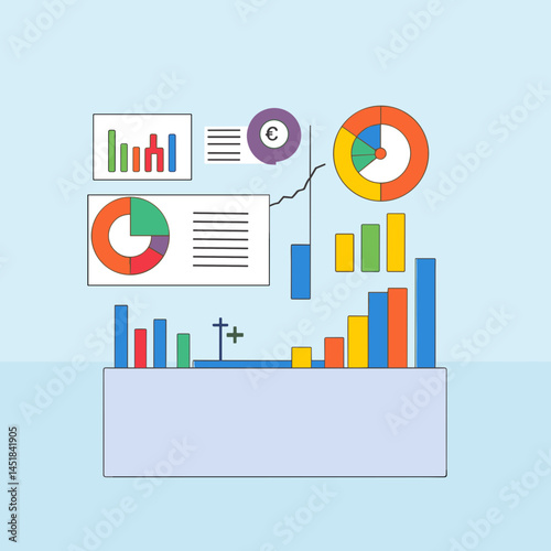 Data Visualization:  A vibrant composition of data visualization elements. The image focuses on financial reports, business graphs, and information displays. 