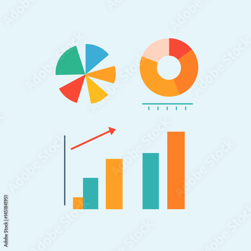 Colorful Charts and Graphs: A set of vibrant and modern charts and graphs, including a pie chart, a donut chart, and a bar graph, designed for presentations and reports.