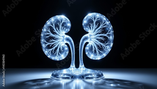 glass kidney sculpture showing filtering tubules, dark dramatic background, abstract anatomy concept