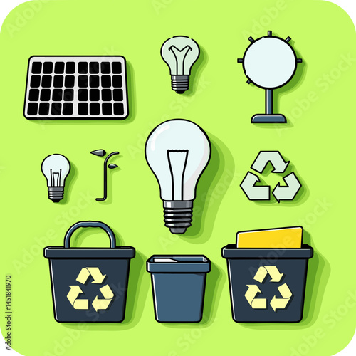 Sustainable Energy Illustration: An eye-level illustration showing icons like a solar panel, recycling, light bulb, and waste bin, showcasing the concept of eco-friendliness and sustainable practices.