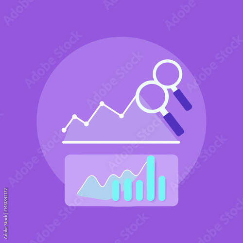 Data Analysis Visualization: A graphic featuring charts, graphs, and magnifying glasses on a vibrant background, depicting data analysis and information visualization.