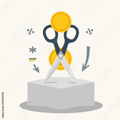 Cutting Costs: Visual metaphor illustrating the act of cutting costs, featuring scissors snipping through coins to depict financial savings and economic efficiency. photo